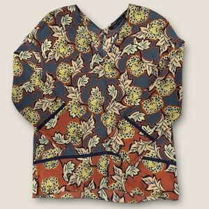 Zara Woman Floral Kimono Top Medium Rust Blue V-Neck‎ Long Sleeve Blouse